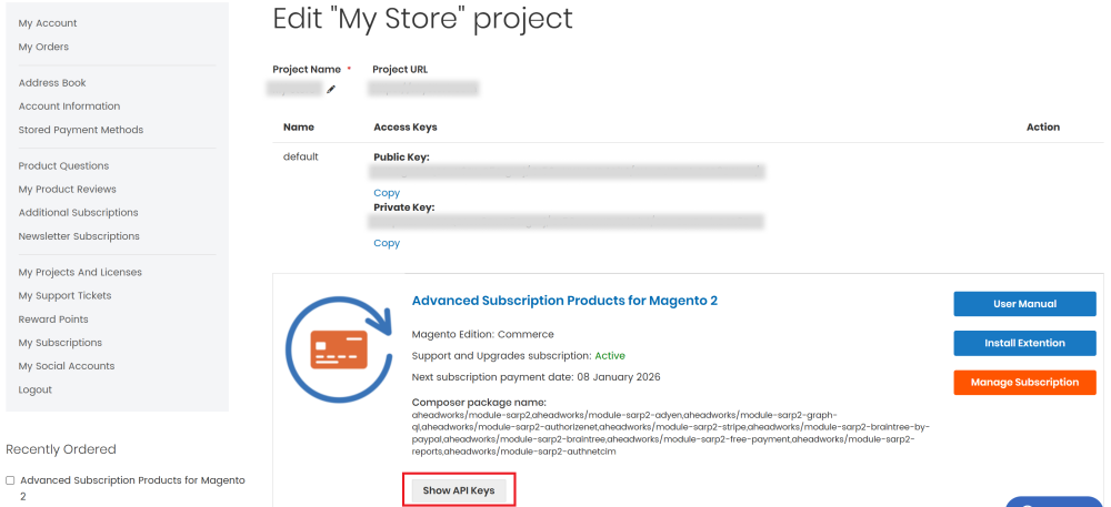 Advanced Subscription Products API Keys Button