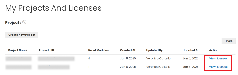 View Licenses link