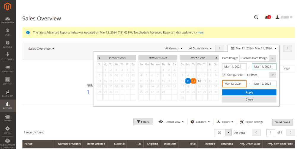 Setting Comparison Period | Advanced Reports for Magento 2