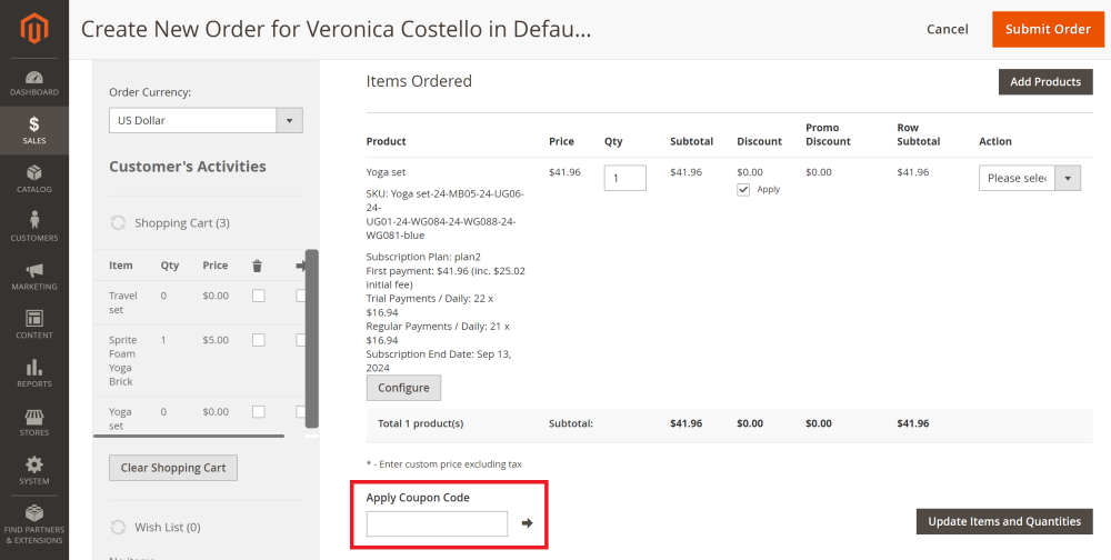 Entering coupon code on the backend | Add Free Product to Cart and Advanced Subscription Products for Magento 2