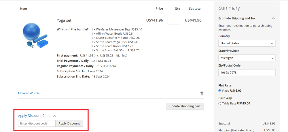Entering coupon code on the storefront | Add Free Product to Cart and Advanced Subscription Products for Magento 2