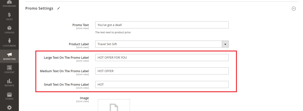 Promo Label Text setting | Add Free Product to Cart and Product Labels for Magento 2
