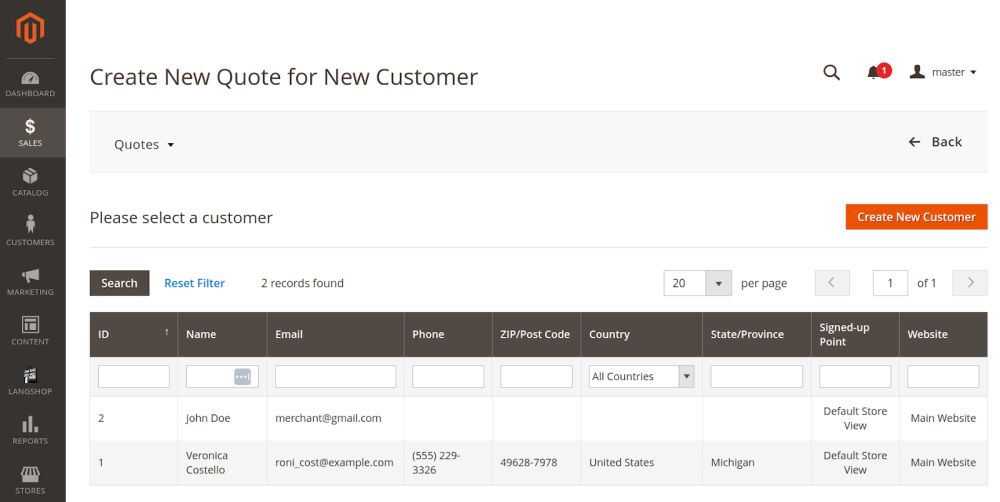 Create New Customer for New Quote grid