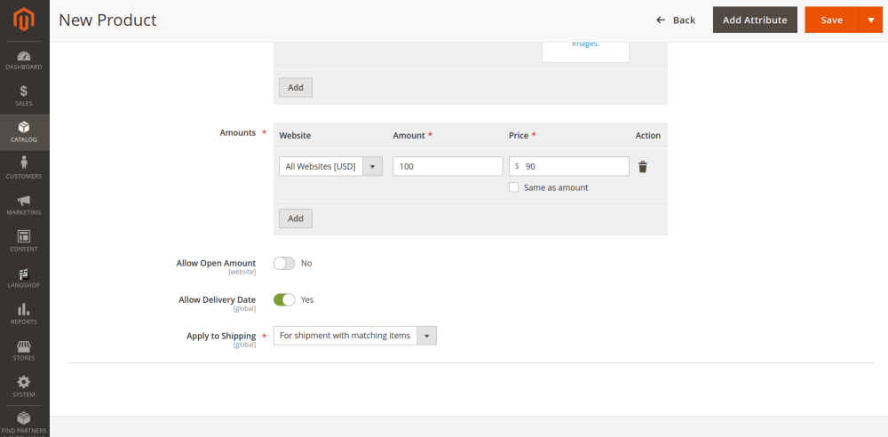 Allow Open Amount, Allow Delivery Date and Apply to Shipping options