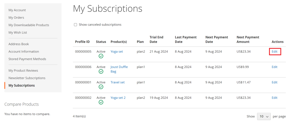 My Subscriptions page | NMI Payment and Advanced Subscription Products for Magento 2 