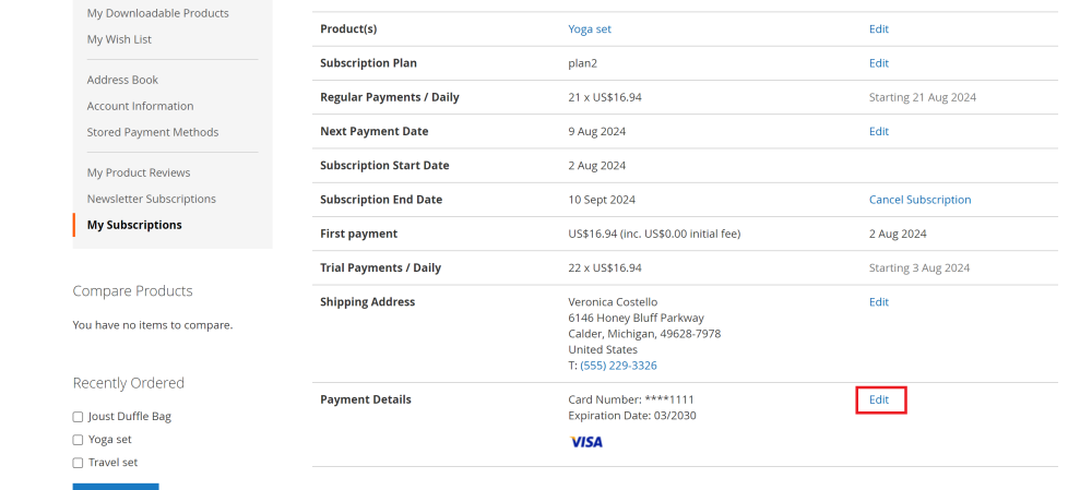 Payment Details section | NMI Payment and Advanced Subscription Products for Magento 2 