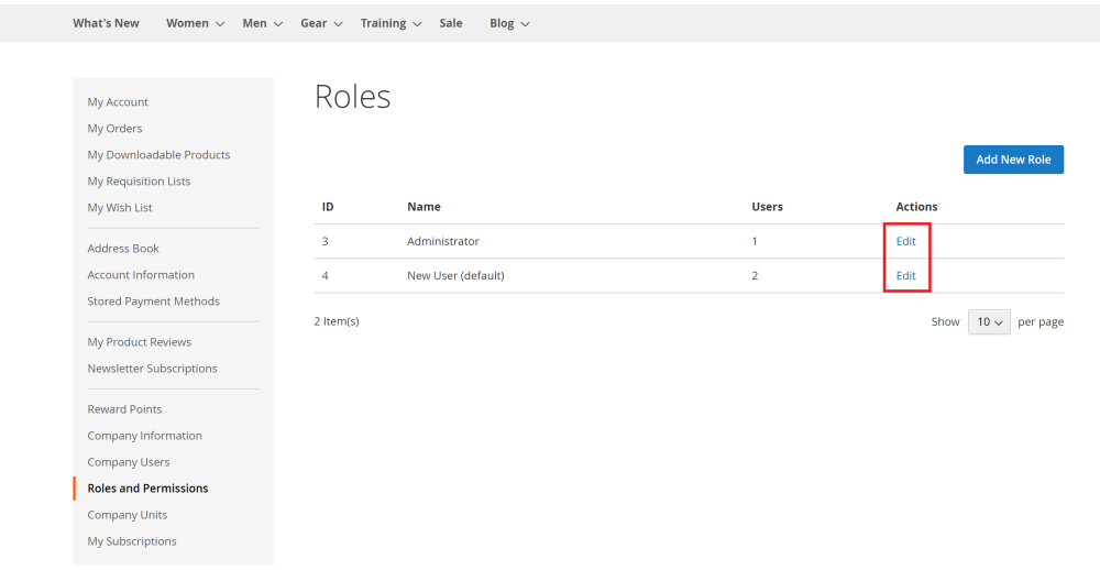Roles and permissions Tab | Reward Points and Company Accounts for Magento 2