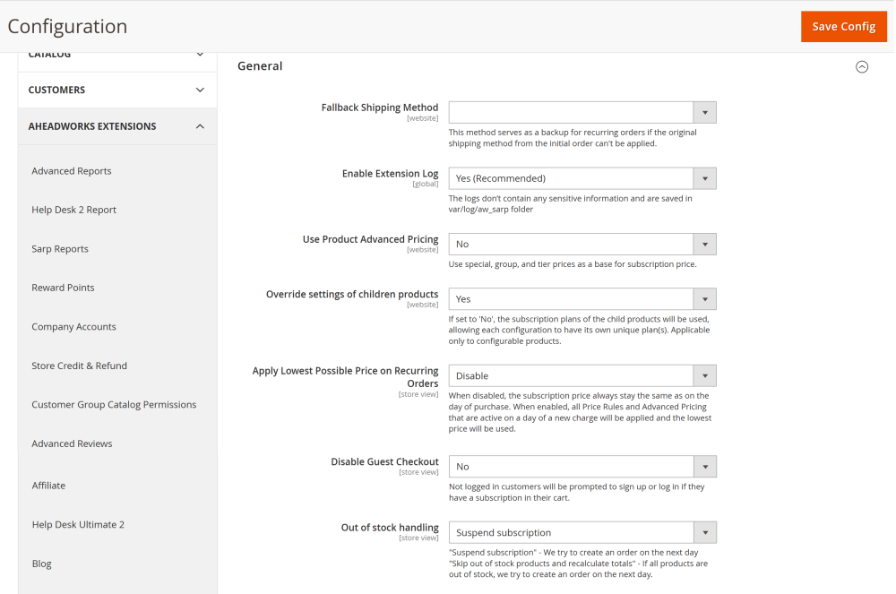 Extension Settings | Advanced Subscription Products for Magento 2