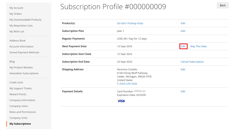 Editing the next payment date | Advanced Subscription Products for Magento 2