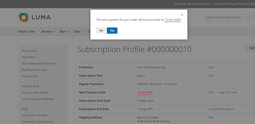 Skip the Next Payment Date Popup | Advanced Subscription Products for Magento 2
