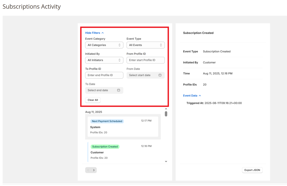 Subscription Activity Filtering Options