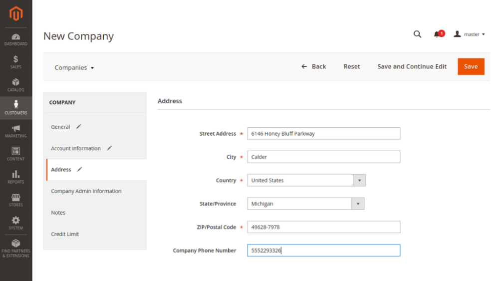 New company address | Company Accounts for Magento 2