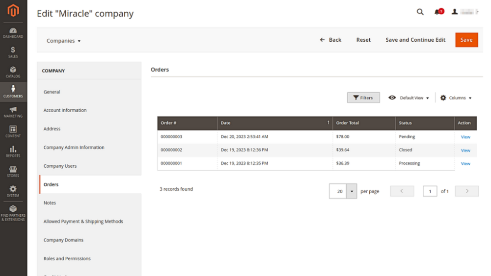 Monitor Company Orders within Company Accounts Magento 2