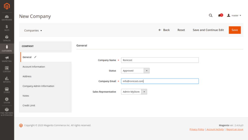 New company | Company Accounts for Magento 2