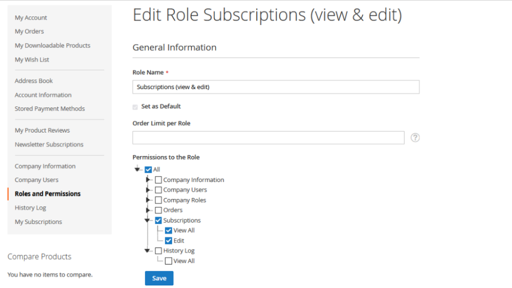 Roles and Permissions | Integration of Advanced Subscription Products with Company Accounts Magento 2