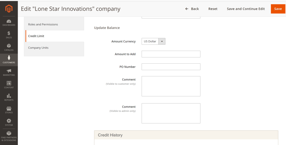 Company Credit Balance settings | Company Accounts and Company Credit for Magento 2