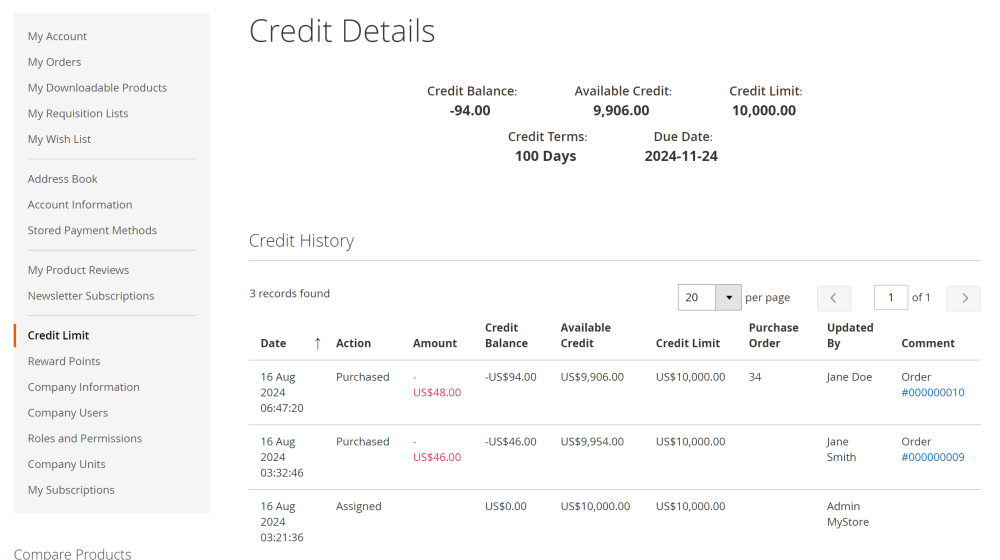 Company Credit details | Company Accounts and Company Credit for Magento 2