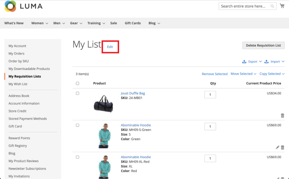 Company Requisition List edit page | Company Accounts and Requisition List for Magento 2