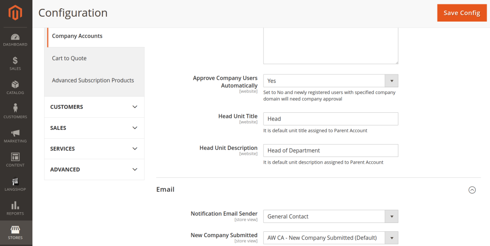 Head Unit Title and Description | Company Accounts for Magento 2