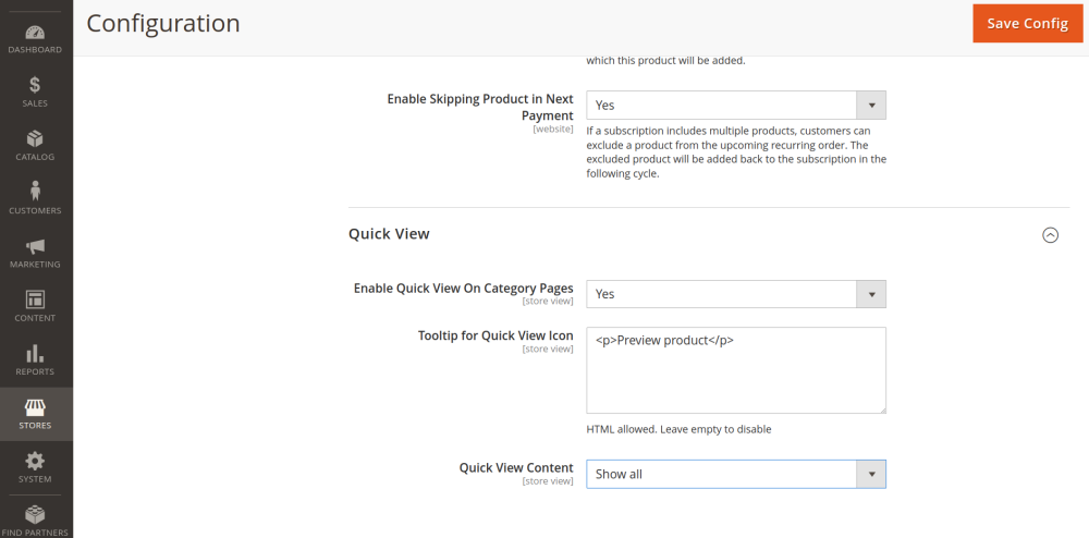 Quick View section on backend | Advanced Subscription Products for Magento 2