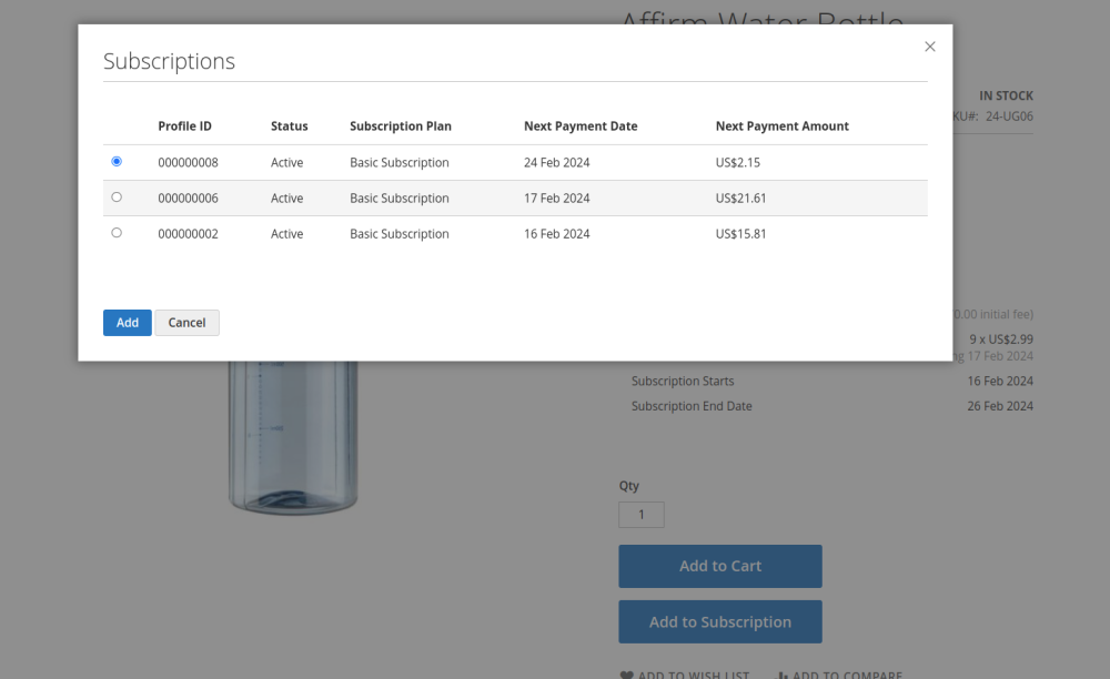 add product to subscription Magento 2