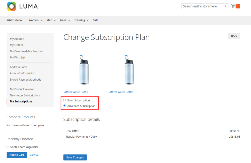 Change the subscription plan | Advanced Subscription Products for Magento 2