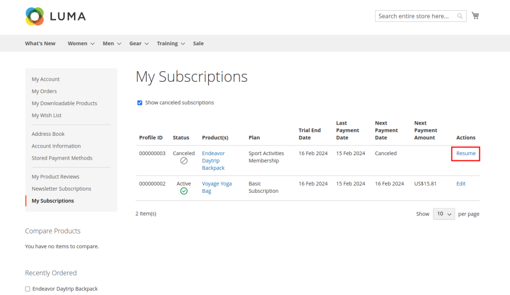 Resume previously canceled subscription Magento 2