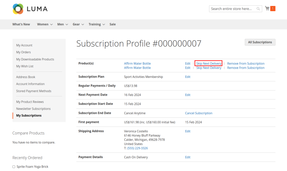 Skip next delivery of recurring orders Magento 2