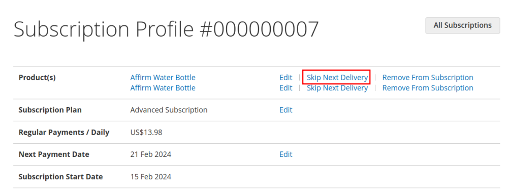 Skip Next Delivery for Subscription product Magento 2