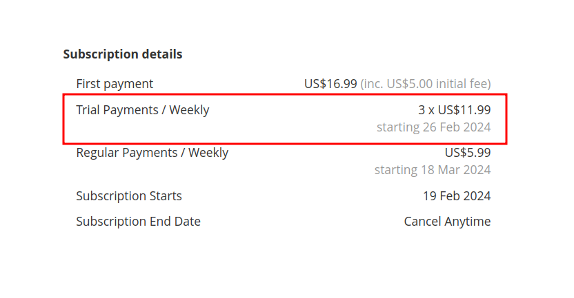 Classic Format of details of repeated trial | Advanced Subscription Products for Magento 2