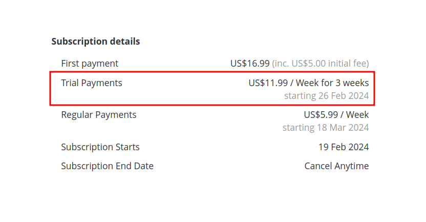 Advanced Format of details of repeated trial | Advanced Subscription Products for Magento 2
