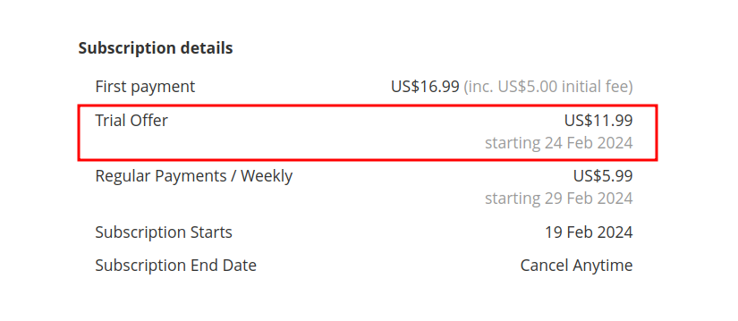 Classic Format of details of Repeat Trial Payments set for every X period | Advanced Subscription Products
