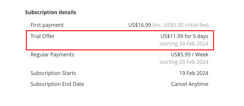 Advanced Format of details of Repeat Trial Payments set for every X period | Advanced Subscription Products