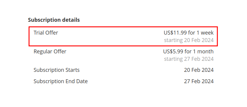 Advanced format of trial payments | Advanced Subscription Products for Magento 2