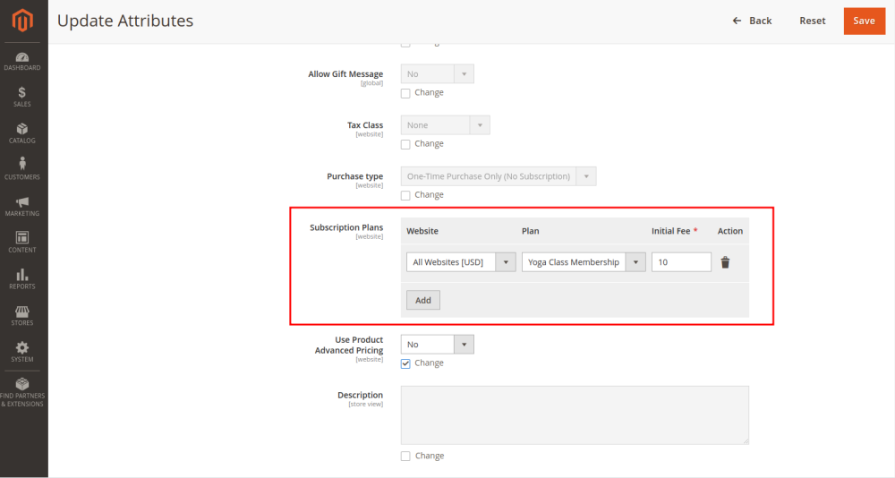 Update Attributes page | Advanced Subscription Products for Magento 2