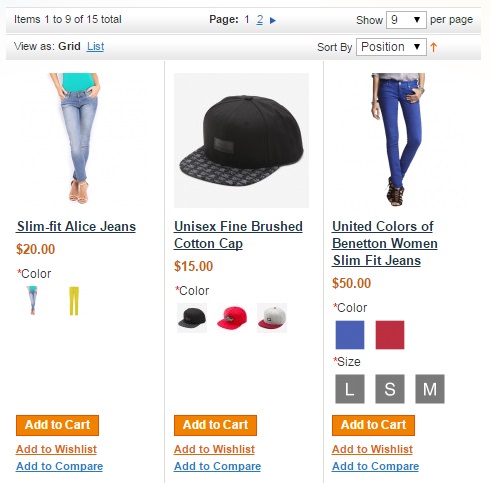 swatches on category page