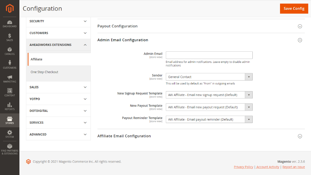 Admin Email Configuration | Affiliate for Magento 2