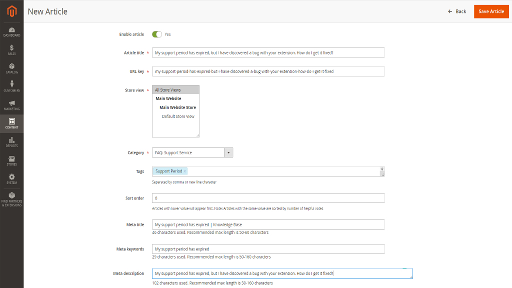Create New/Edit Article | FAQ for Magento 2