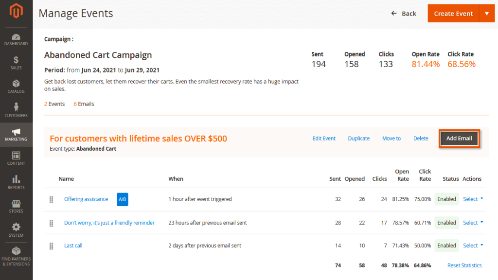 Manage Events&nbsp;| Follow Up Email for Magento 2