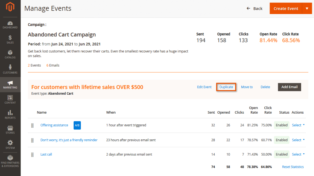 Manage Events&nbsp; | Follow Up Email for Magento 2