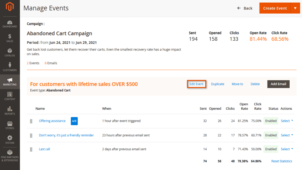 Manage Events&nbsp; | Follow Up Email for Magento 2