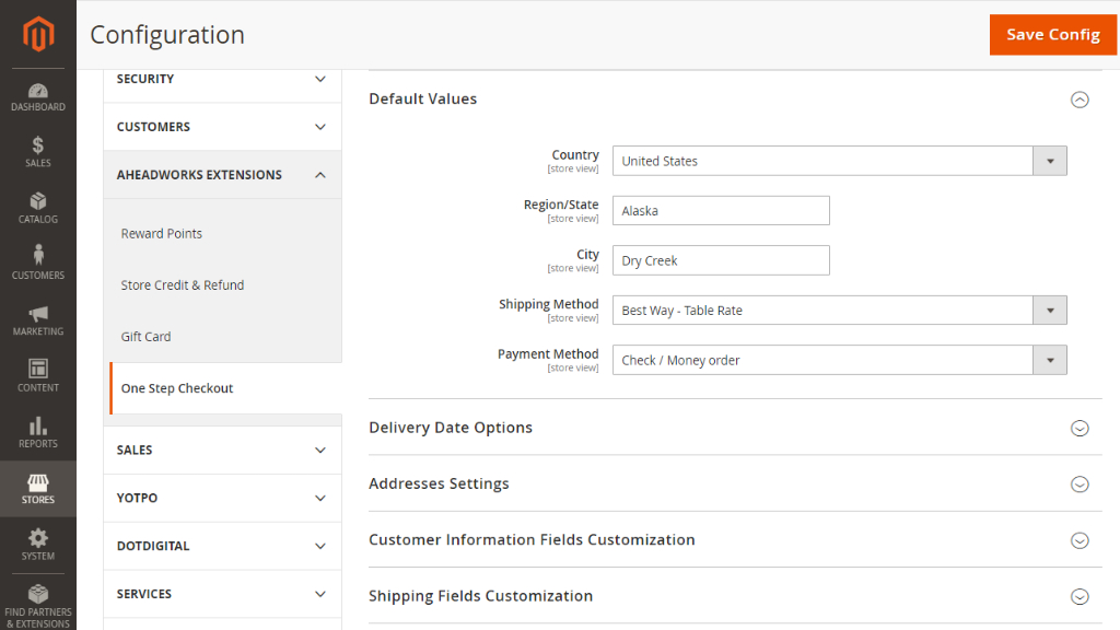 Default values | Smart One Step Checkout for Magento 2