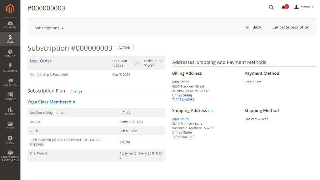 Browsing and editing individual subscriptions | Advanced Subscription Products for Magento 2