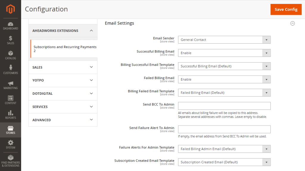 Email Settings | Advanced Subscription Products for Magento 2