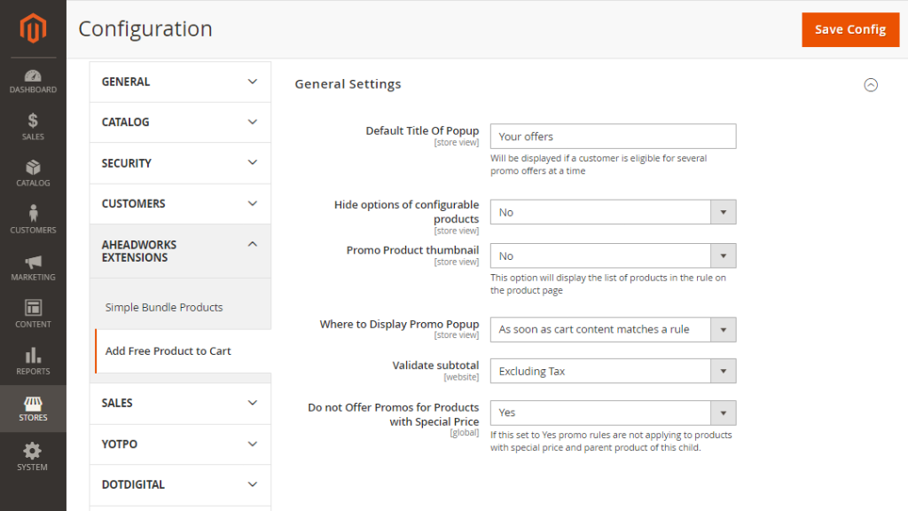 Extension Settings | Add Free Product to Cart for Magento 2