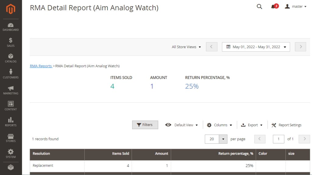 RMA Detailed Report Magento 2
