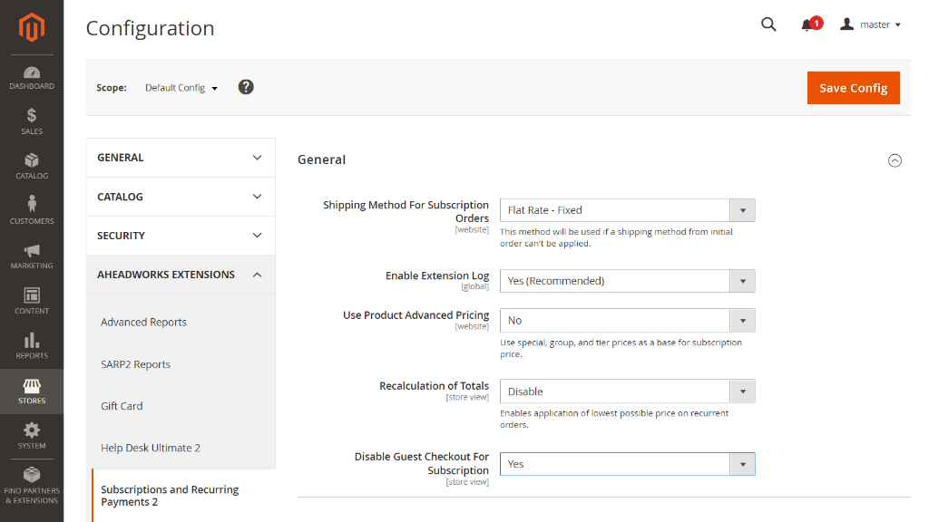 Extension Settings | Advanced Subscription Products for Magento 2