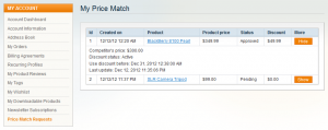 Price Match tab in My Account