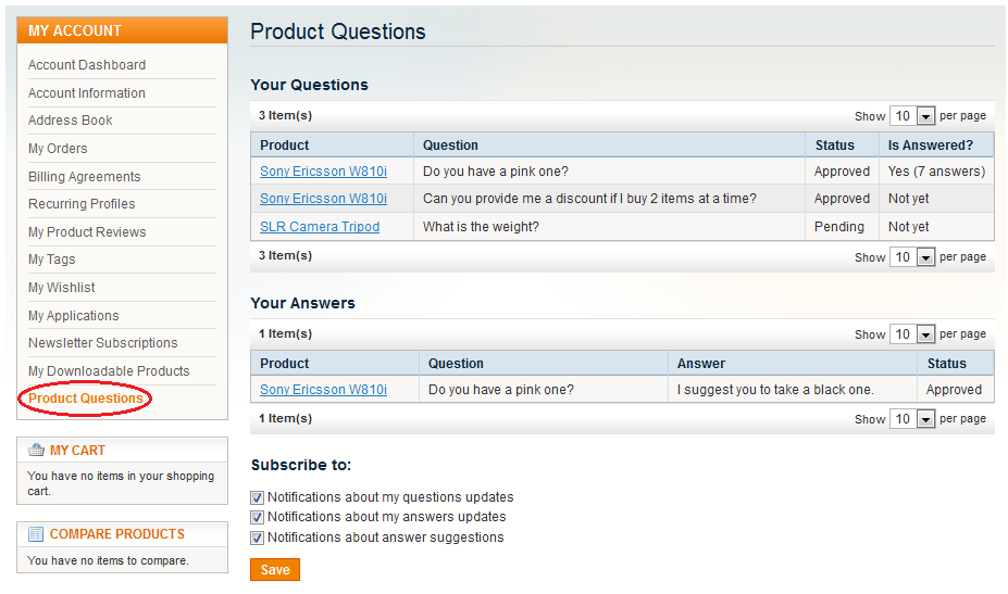 The "Product Questions" tab The "Product Questions" tab