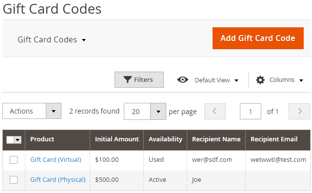 New Filtering Options of the Gift Card Codes Grid New Filtering Options of the Gift Card Codes Grid